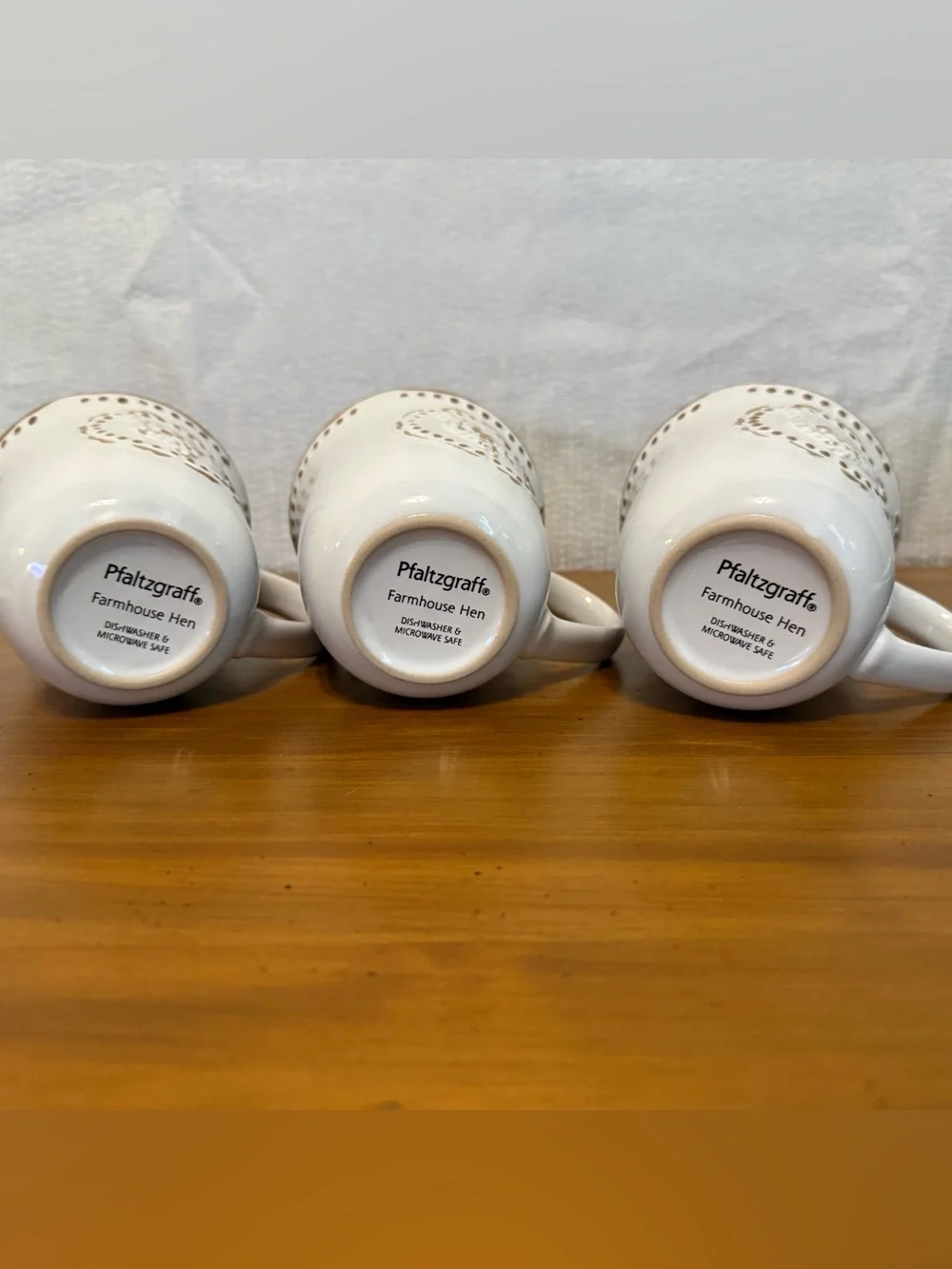 3 Pfaltzgraff Hen Coffee Mugs/ Saucer Embossed Cups Farmhouse Cottage Rooster